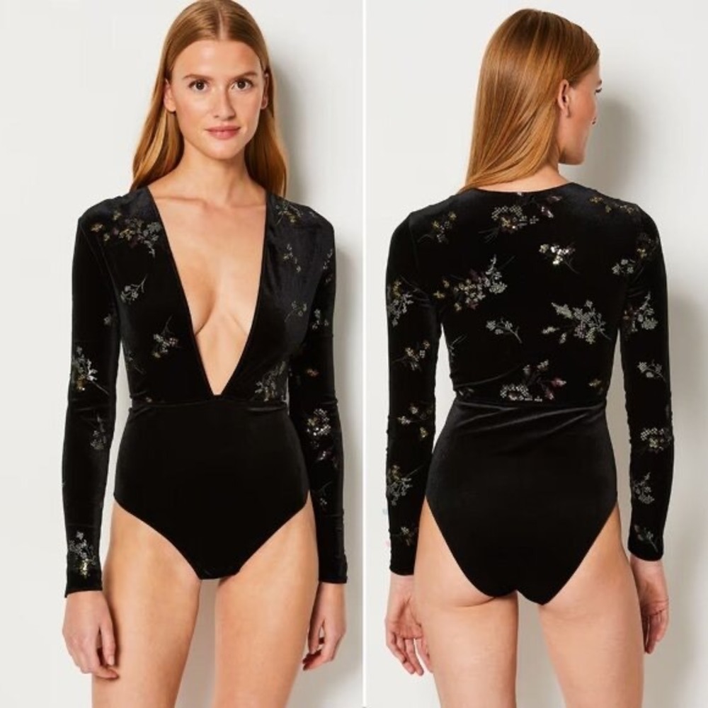 New Etam Magique Beaded Sequin Plunging Long‎ Sleeve Bodysuit In Black Size M